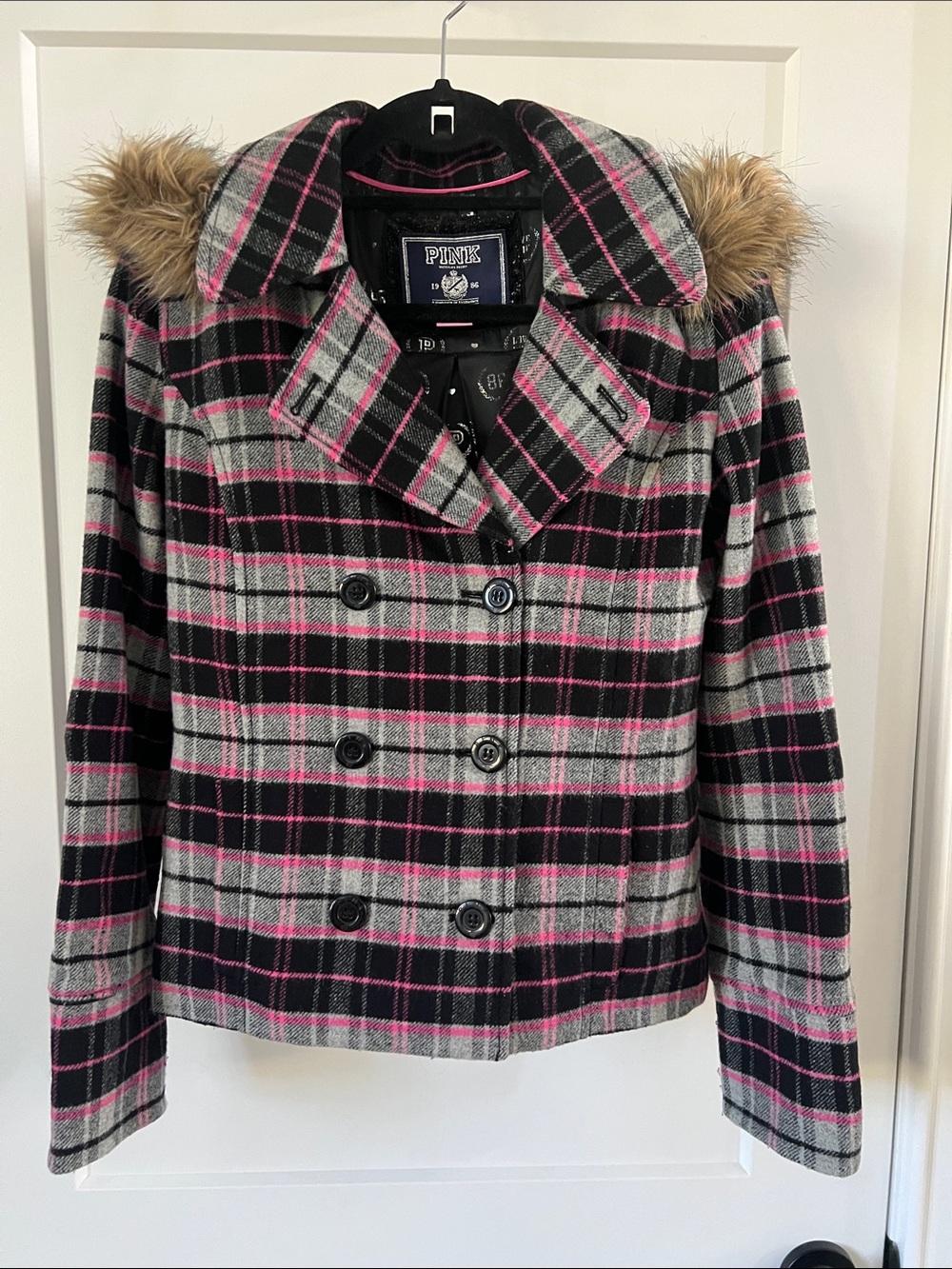 PINK Victoria's Secret Grey, Black & Pink Plaid Peacoat with Faux Fur Hood Trim